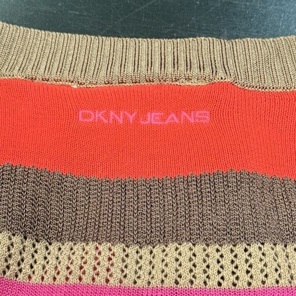 Y2K DKNY Jeans Brown Pink Red Striped Long Sleeve Henley Sweater Womens XL - Picture 6 of 11
